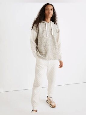 Madewell Quilted-Sleeve Hoodie Sweatshirt Textured Marled Storm Gray Sweater